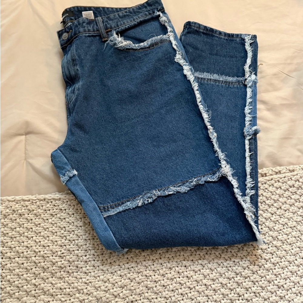 Men’s Blue Frayed Patchwork Jeans— Fashion Nova